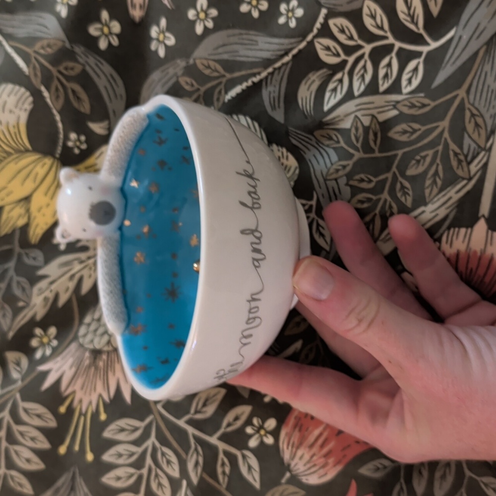 Blue and White Ceramic Bowl with Bear Accent